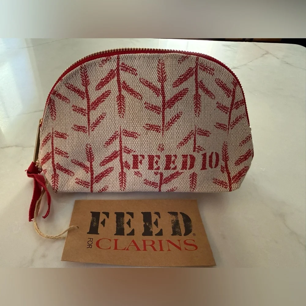 🆕 FEED x Clarins Small Toiletry Makeup Cosmetic Zippered Pouch Bag Tan Red Clean